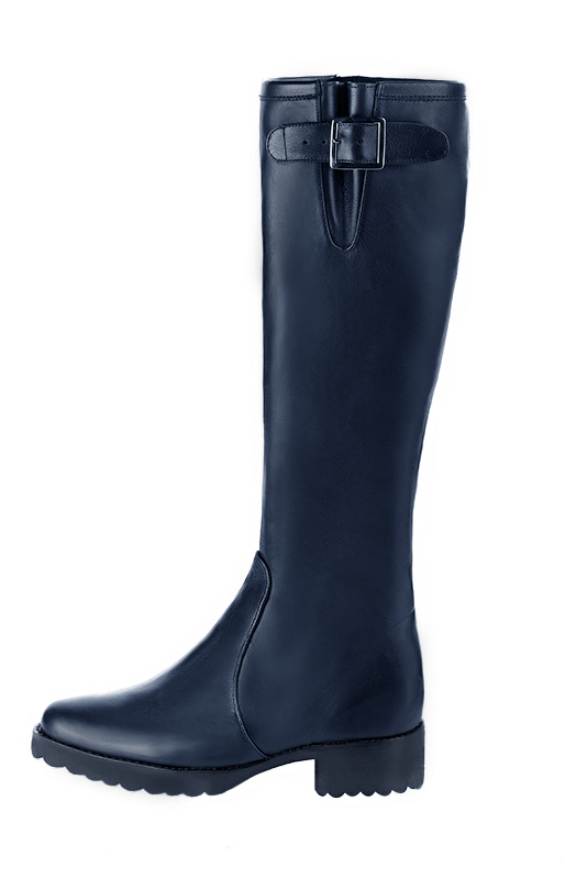 Navy blue women's knee-high boots with buckles. Round toe. Flat rubber soles. Made to measure. Profile view - Florence KOOIJMAN